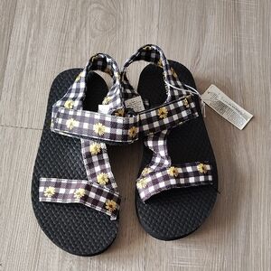 Old Navy Black Sandals with Black & White Gingham Straps and Yellow Floral Print